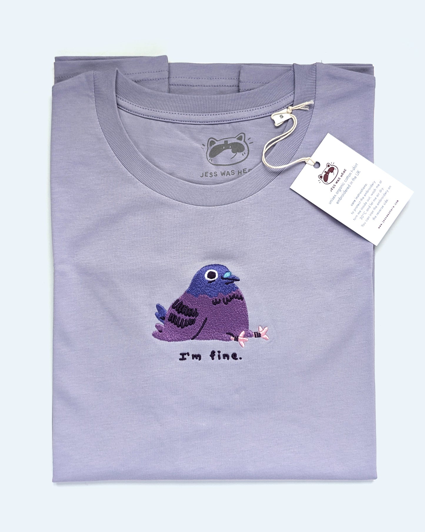 I'm Fine - Pigeon Embroidered Lavender T-shirt