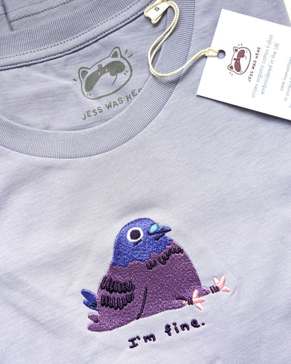 I'm Fine - Pigeon Embroidered Lavender T-shirt